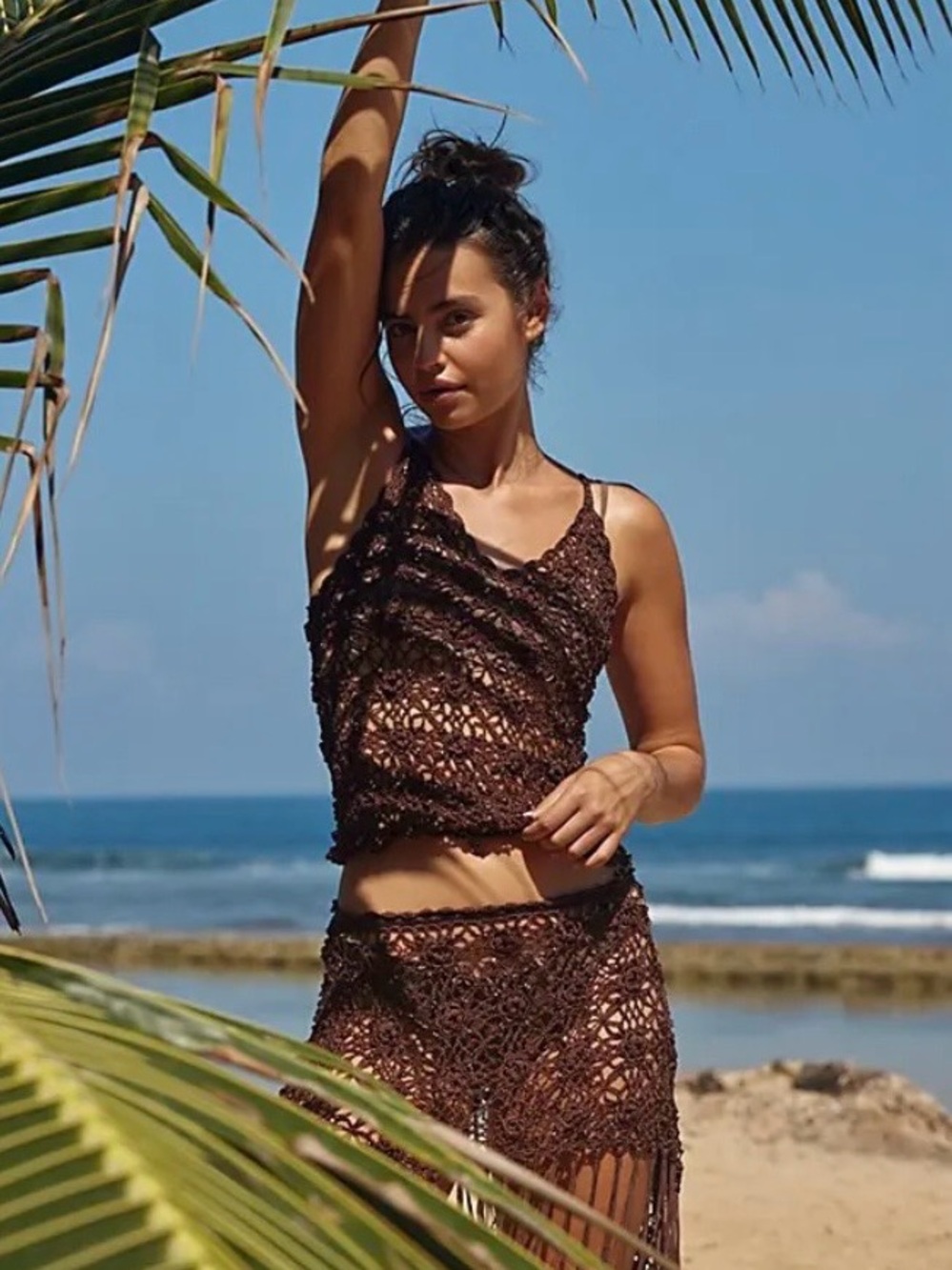 NWOT Frankie’s bikinis pearl crochet coverup set in bourbon - Picture 6 of 16